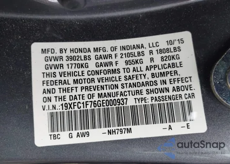 2016 Honda Civic Ex-L from USA, damaged, VIN 19XFC1F76GE000937